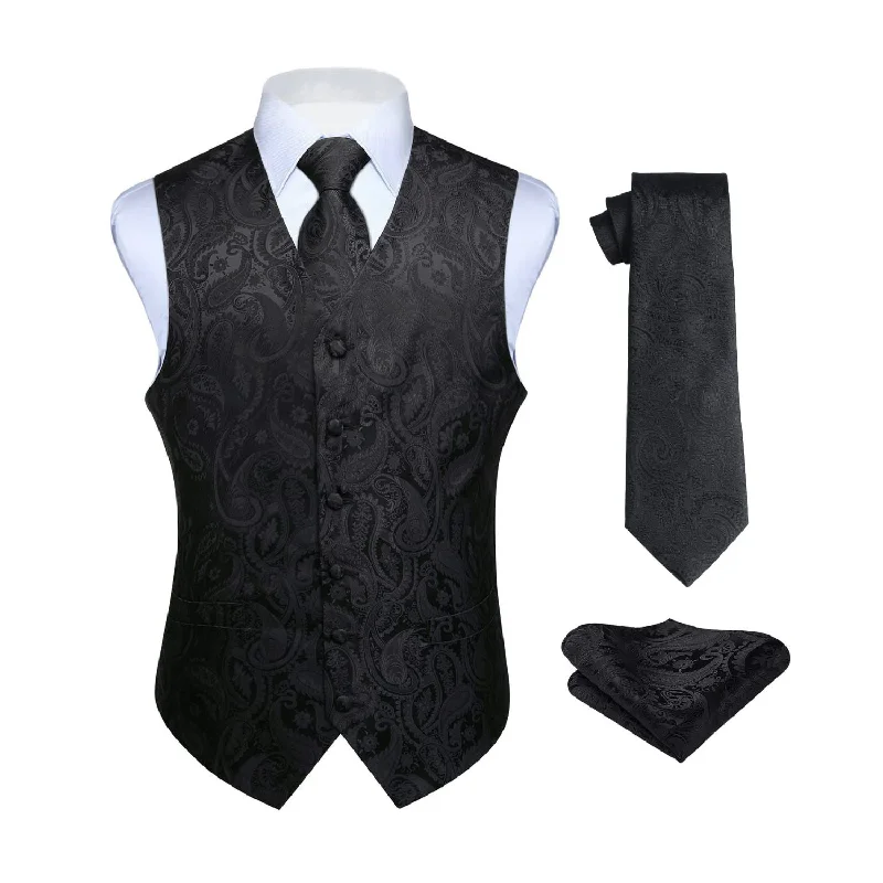 Paisley Suit Vest Tie Handkerchief Set - BLACK