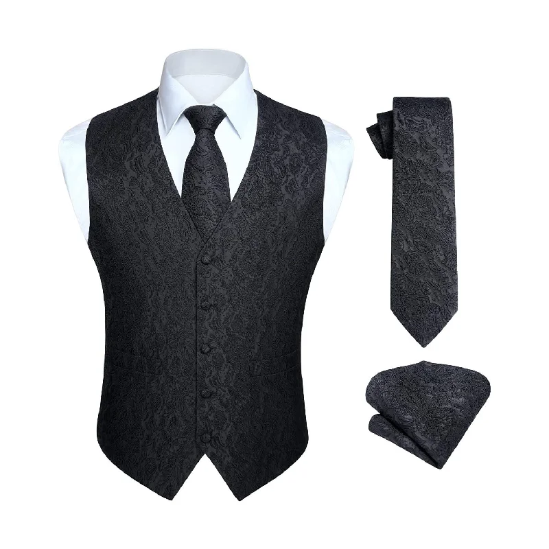 Paisley Suit Vest Tie Handkerchief Set - BLACK - 2