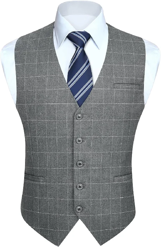 Plaid Slim Suit Vest - GREY-3