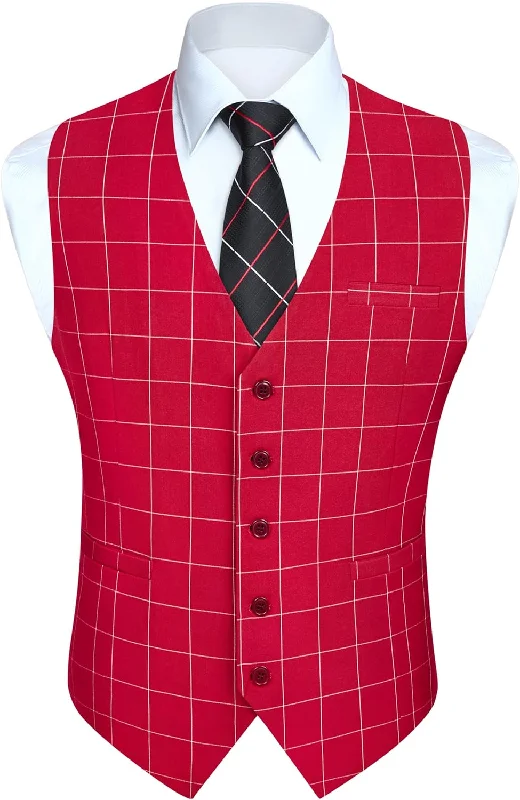 Plaid Slim Suit Vest - RED-6