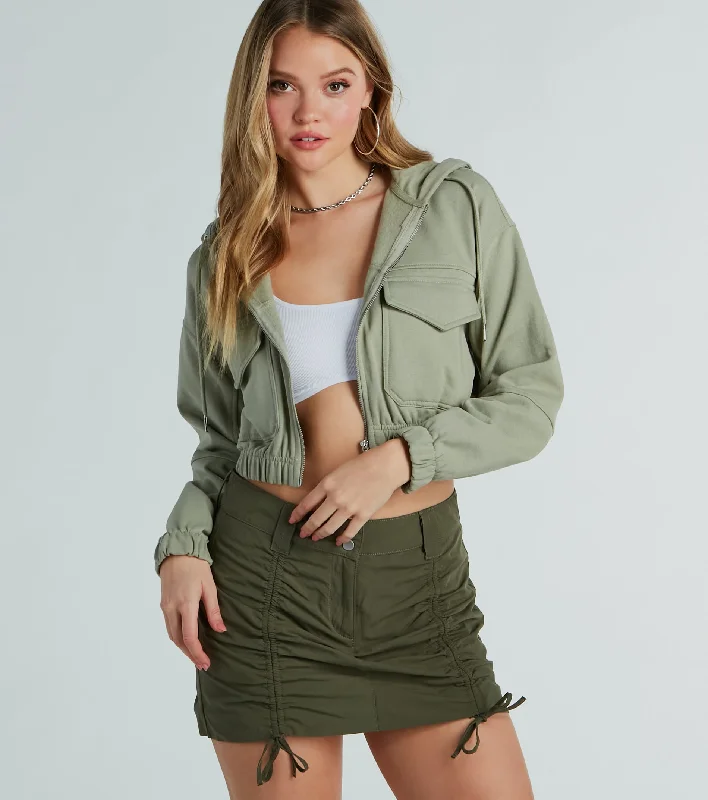 Relaxed Vibe Cargo Pocket Crop Fleece Hoodie