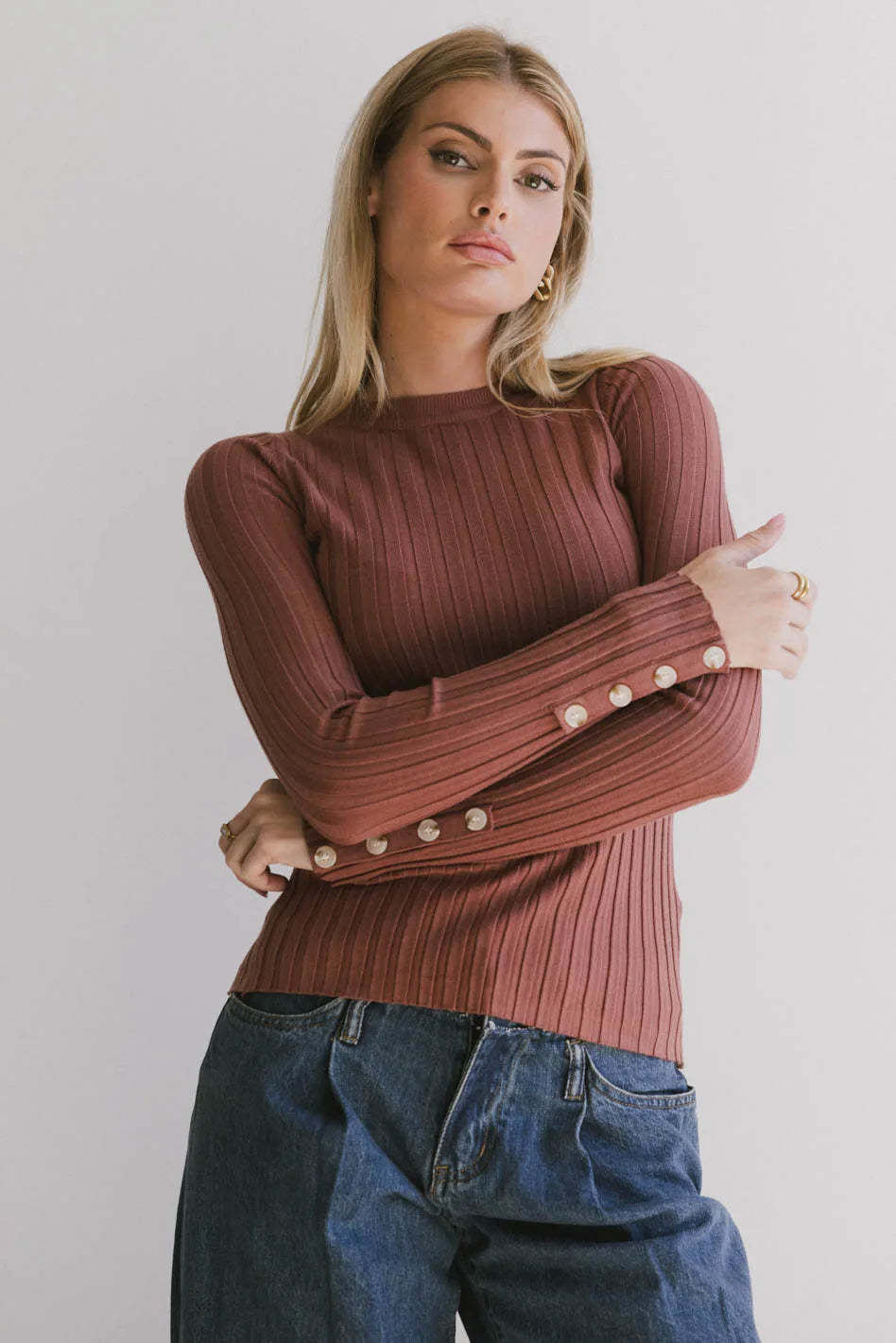 Lonnie Button Sleeve Sweater in Brown