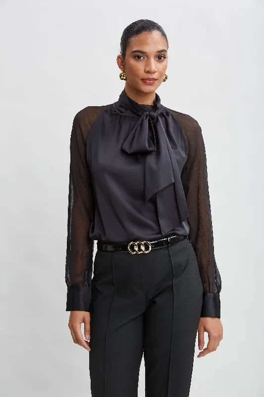 Chiffon Sleeve Silk Satin Tie Shirt