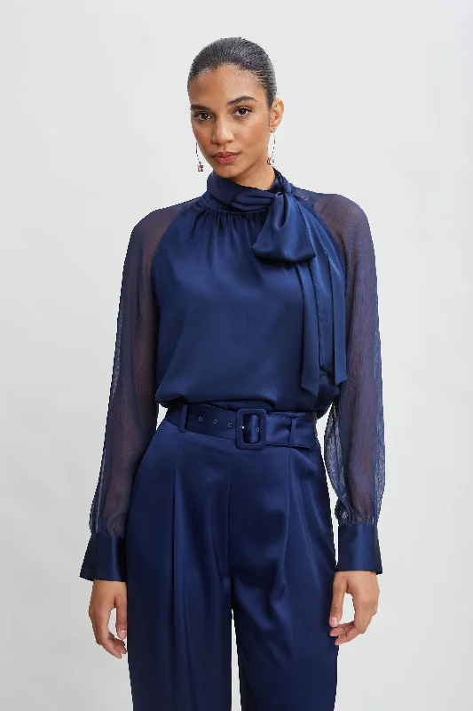 Chiffon Sleeve Silk Satin Tie Shirt