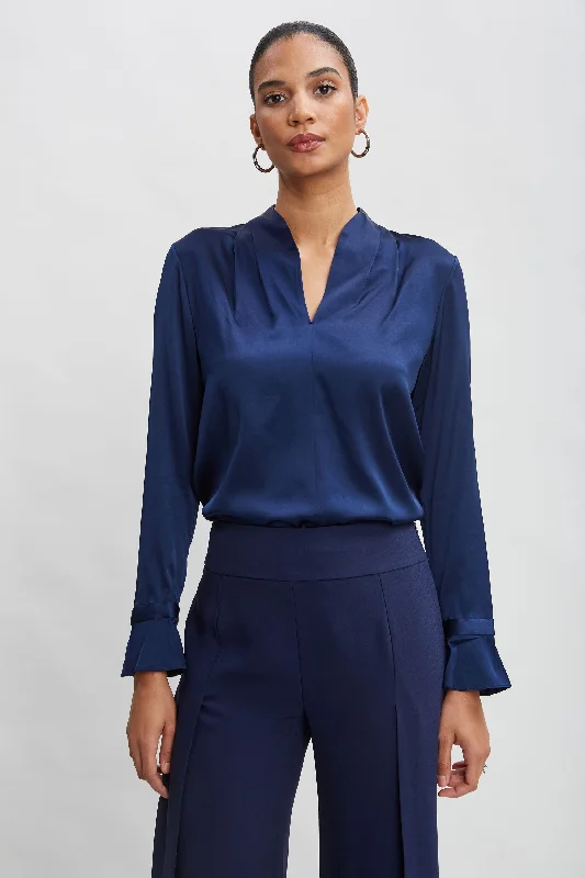 Silk Satin Contour Neck Ruffle Cuff Shirt