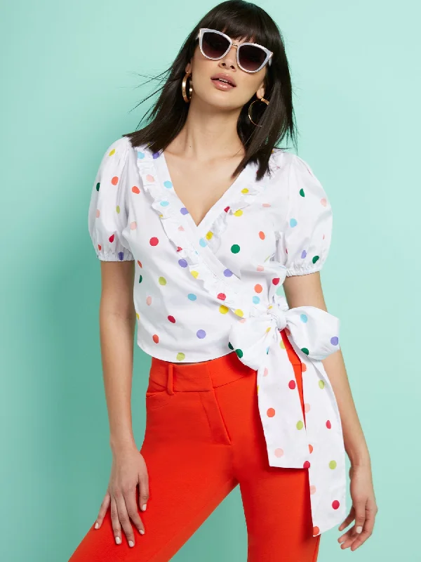 Dot-Print Ruffled Poplin Tie-Waist Shirt - 7th Avenue