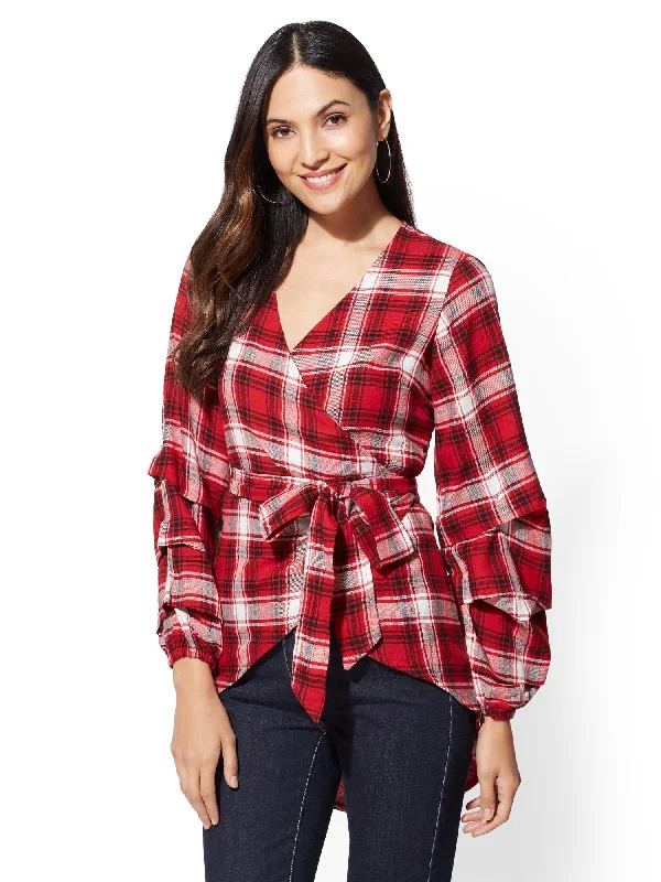 Red Plaid Hi-Lo Wrap Shirt