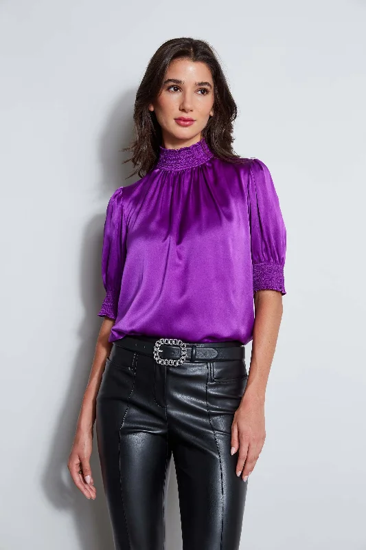 Short Sleeve Silk Satin Smocked Shirt