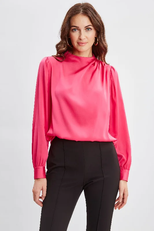 Silk Pleated Draped Neck Shirt