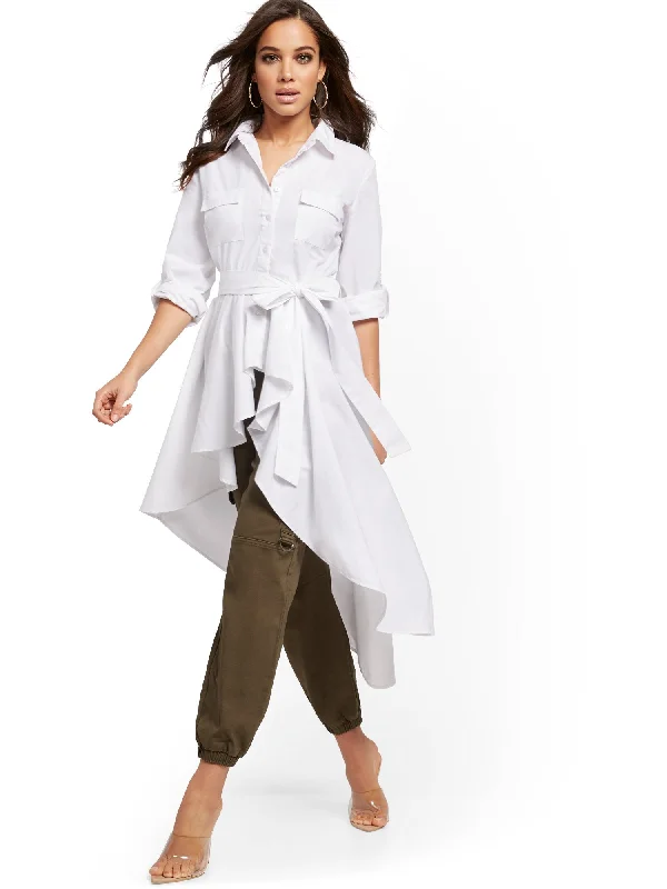 White High-Low Belted Poplin Shirt