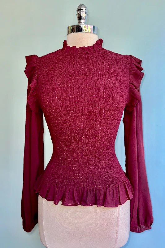 Burgundy Ruffled and Smocked Blouse by Molly Bracken