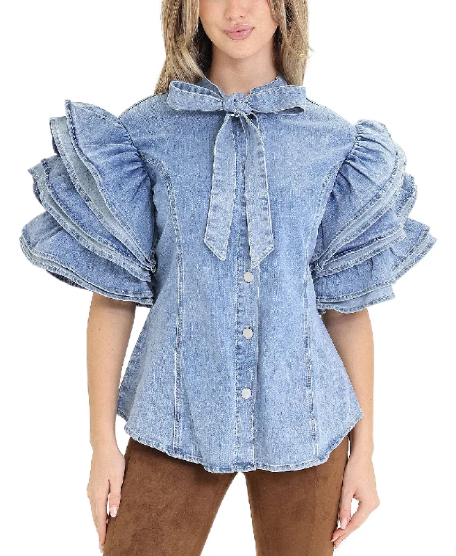 Denim Shirt w/ Tiered Ruffle Sleeves