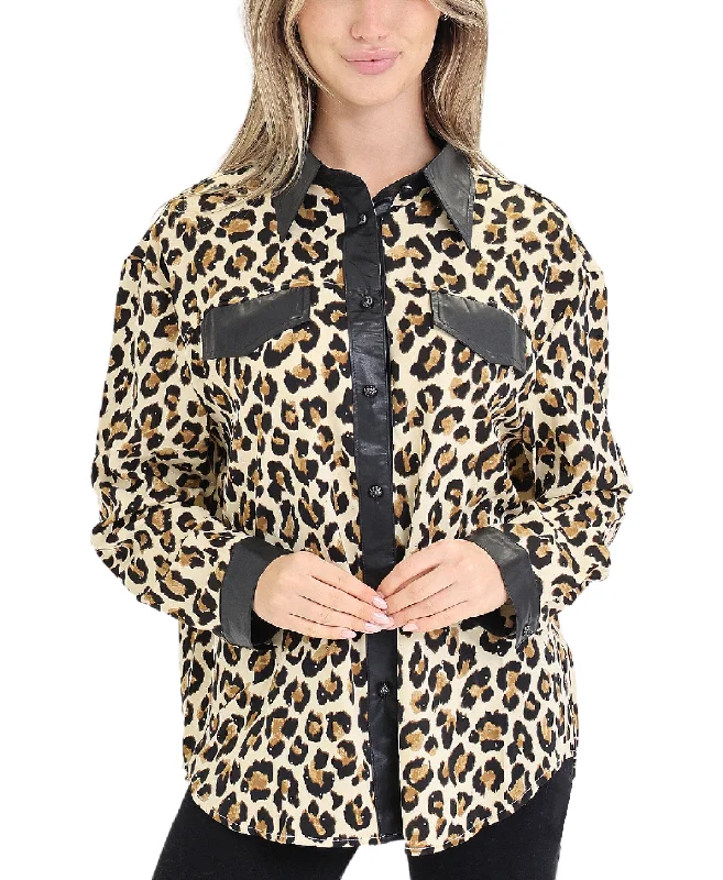 Leopard Blouse w/ Faux Leather Trim & Crystals