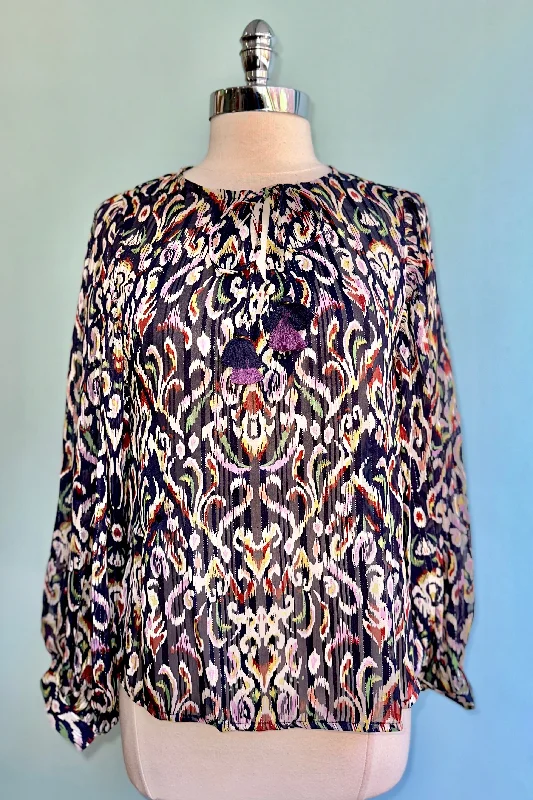 Navy Printed Balloon Sleeve Blouse by Molly Bracken