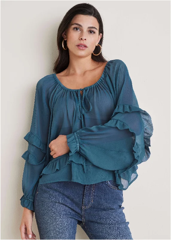 Chiffon Ruffled Blouse - Navy