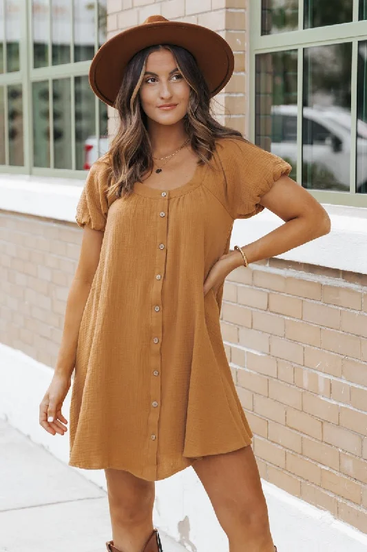 Camel Puff Sleeve Button Down Mini Dress - FINAL SALE