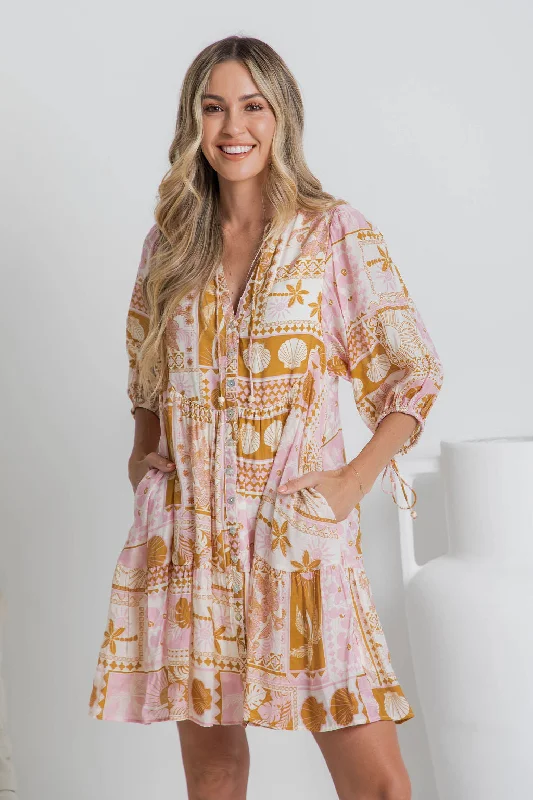 Carla Boho Dress - Pink Tile Print