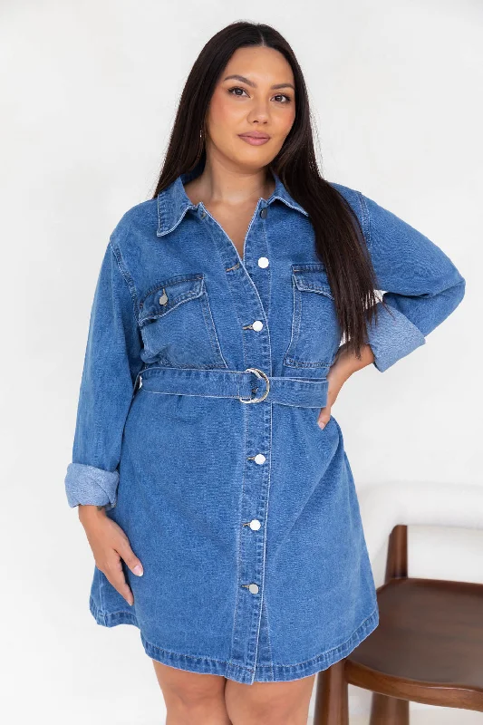 Lexi Long Sleeve Denim Dress - Mid-Wash