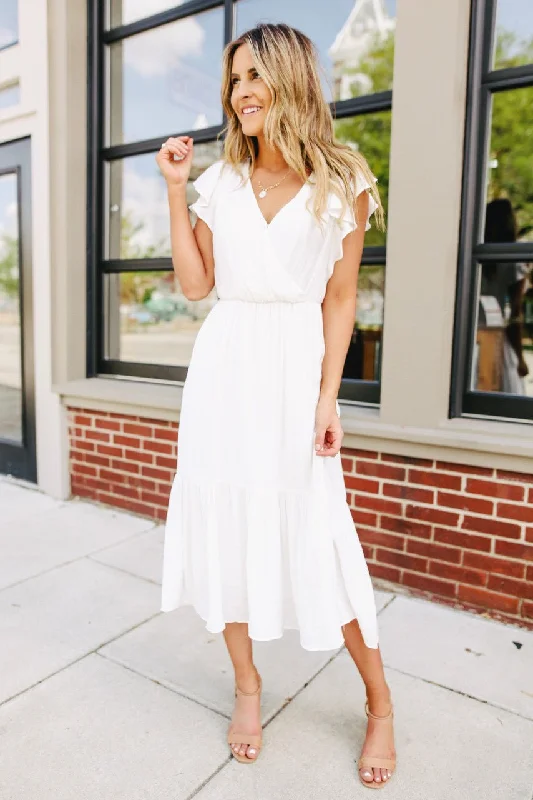 Ruffle Sleeve Surplice White Midi Dress - FINAL SALE