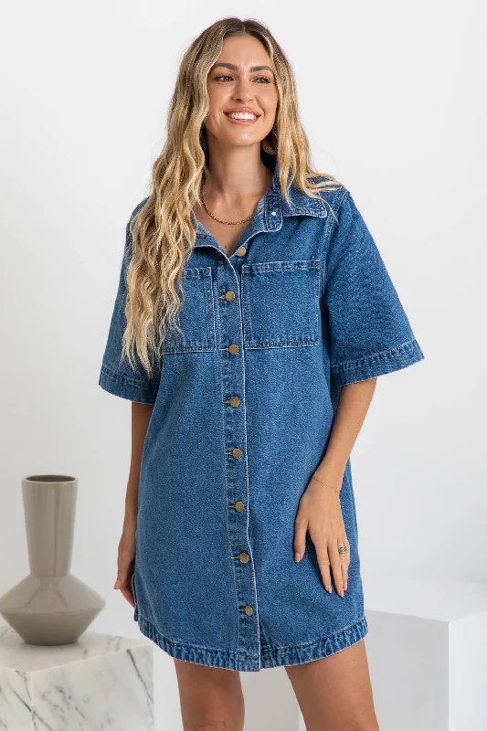 Tallow Relaxed-Fit Denim Mini Dress - Dark Blue Wash